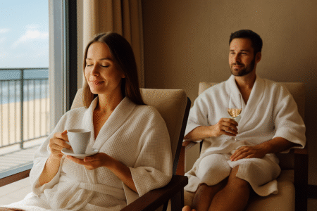 Kobieta i mężczyzna w białych szlafrokach relaksują się na leżakach przy słonecznym oknie podczas wakacji bez dzieci; kobieta trzyma filiżankę ze spodkiem, podczas gdy mężczyzna delektuje się kieliszkiem białego wina.